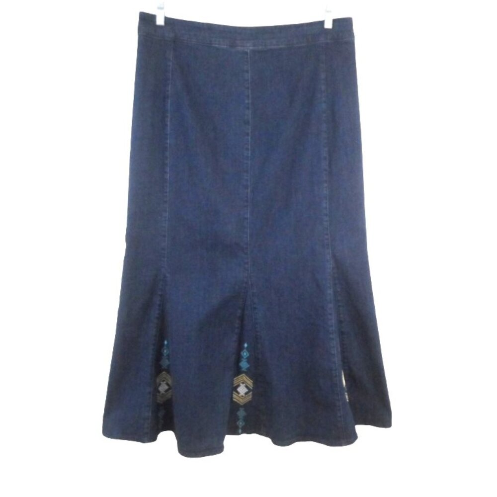 Ashro Dark Blue Denim Long Maxi Skirt Flare Mermaid Tribal Embroidery Hem